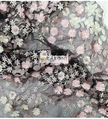 Tulle ricamato "Lisa" con fiori in rilievo - Rosa